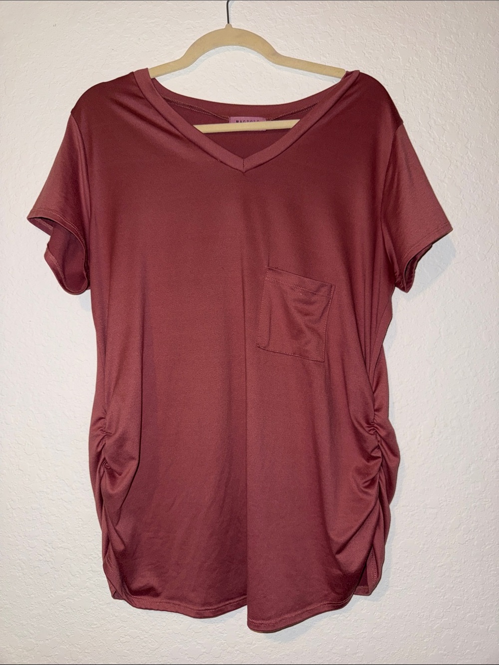 Maternity Top - Ragdoll V-Neck Short Sleeve Pocket Tee in Mauve Size Large